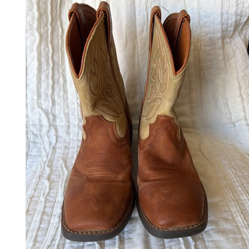 Justin Western Jr Canter Boots Brown Tan Leather Square Toe Kids 5.5D